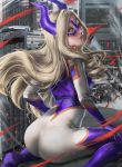  1girl arched_back arms_at_sides artist_name ass blonde_hair bodysuit boku_no_hero_academia breasts carlos_miguel city cityscape day domino_mask from_behind giantess gloves highres horns large_breasts long_hair looking_at_viewer looking_back mask mount_lady red_eyes sitting skin_tight solo thigh-highs violet_eyes wariza 