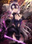  1girl banner black_footwear boots breasts chains choker cleavage cowboy_shot fate/grand_order fate_(series) floating_hair fur_trim gauntlets green_eyes groin hair_between_eyes highres hisa_tobi_(s41229) holding holding_sword holding_weapon jeanne_d&#039;arc_(alter)_(fate) jeanne_d&#039;arc_(fate)_(all) long_hair looking_at_viewer medium_breasts midriff navel navel_cutout no_panties open_mouth silver_hair smile solo standing stomach sword thigh-highs thigh_boots very_long_hair weapon 
