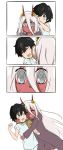  1boy 1girl 4koma absurdres black_cloak black_hair blue_eyes blue_shirt cloak closed_eyes comic couple darling_in_the_franxx eyebrows_visible_through_hair eyes_visible_through_hair fangs flower green_eyes hair_flower hair_ornament hand_on_another&#039;s_head hetero highres hijodelagua hiro_(darling_in_the_franxx) holding_mirror hood hooded_cloak horns hug long_hair mirror one_eye_closed oni_horns parka pink_hair red_horns red_pupils red_sclera red_skin shirt short_hair short_sleeves spoilers younger zero_two_(darling_in_the_franxx) 