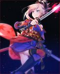  1girl asymmetrical_hair bangs bare_shoulders black_legwear blue_kimono blush breasts closed_mouth fate/grand_order fate_(series) glowing glowing_sword glowing_weapon hakusai_(tiahszld) holding holding_sword holding_weapon japanese_clothes katana kimono leaf_print long_hair looking_away looking_to_the_side medium_breasts miyamoto_musashi_(fate/grand_order) obi pink_hair pixiv_fate/grand_order_contest_2 sash sheath short_kimono sleeveless sleeveless_kimono solo standing standing_on_one_leg sword thigh-highs unsheathed weapon 