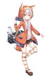  1girl :t anger_vein animal_ears animal_hood badge bag bangs black_skirt blush bow brown_footwear button_badge chihong_de_tianshi closed_mouth collarbone commentary_request eyebrows_visible_through_hair fake_animal_ears fake_tail fox_ears fox_hood fox_tail full_body hair_between_eyes handheld_game_console highres holding hood hood_up hooded_jacket jacket jewelry long_hair looking_at_viewer mary_janes official_art open_clothes open_jacket orange_jacket original pendant pleated_skirt pout print_shirt red_bow shirt shoes silver_hair simple_background skirt solo standing standing_on_one_leg striped striped_legwear tail thigh-highs v-shaped_eyebrows white_background white_shirt yellow_eyes 