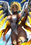  1girl artist_name bangs bare_shoulders blonde_hair blue_eyes bodysuit breasts brown_legwear cleavage closed_mouth cowboy_shot detached_sleeves fingernails hair_tie high_ponytail highres holding holding_staff large_breasts lips long_hair looking_away mechanical_halo mechanical_wings mercy_(overwatch) nose overwatch parted_bangs petals pink_lips realistic soffa_soffa solo spread_wings staff standing thighs wings 