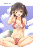  1girl absurdres alternate_costume arm_support ball bangs bare_arms bare_legs bare_shoulders beachball bikini blush breasts brown_eyes brown_hair cleavage clouds cloudy_sky day dog_tags floral_print groin hair_ornament hair_tousle hand_on_own_head highres indian_style jewelry jitome kantai_collection lips looking_at_viewer medium_breasts navel necklace o-ring o-ring_top open_mouth red_bikini sendai_(kantai_collection) short_hair sitting sky smile solo stomach swimsuit thighs toned two_side_up yua_(checkmate) 