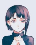  1girl asymmetrical_bangs asymmetrical_hair bangs brown_eyes brown_hair ei_(13805181) expressionless grey_background hands_clasped iwakura_lain looking_at_viewer own_hands_together serial_experiments_lain short_hair solo upper_body 