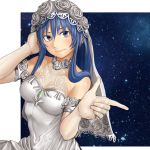  1girl blue_eyes blue_hair breasts bride closed_mouth commentary_request dress elbow_gloves gloves halterneck highres kilye_4421 long_hair looking_at_viewer maria_traydor smile solo star_ocean star_ocean_anamnesis star_ocean_till_the_end_of_time wedding_dress 