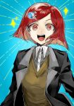  1girl dangan_ronpa hair_ornament hairclip new_dangan_ronpa_v3 open_mouth red_eyes redhead short_hair smile solo uniform yumeno_himiko yumu1059 