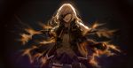  1girl backlighting bangs braid clenched_hand cowboy_shot eyepatch girls_frontline gloves glowing glowing_eyes grey_hair jacket long_hair looking_at_viewer m16a1_(girls_frontline) open_mouth pleated_skirt silence_girl skirt solo spoilers white_hair wind yellow_eyes 