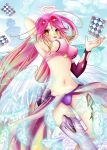  1girl :p angel_wings arm_behind_head armpits artist_request blush breasts card commentary_request feathered_wings gradient_hair halo jibril_(no_game_no_life) large_breasts long_hair low_wings magic_circle midriff multicolored_hair navel no_game_no_life pink_hair playing_card sideboob single_thighhigh smile solo stomach tattoo thigh-highs tongue tongue_out very_long_hair wing_ears wings yellow_eyes 