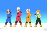  4girls black_hair blonde_hair boots dancing gloves hair_bun hand_on_hip hat hisone_to_masotan kobuchizawa_shirase looking_back miyake_hinata multiple_girls outdoors parody shiraishi_yuzuki snow sora_yori_mo_tooi_basho tamaki_mari ueyama_michirou video_camera winter_clothes 