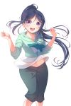  1girl :d blue_hair blush dolphin_print green_hoodie green_pants highres knees_together long_hair long_sleeves looking_at_viewer love_live! love_live!_sunshine!! matsuura_kanan minamixdrops open_mouth pants ponytail shirt simple_background sleeves_rolled_up smile solo violet_eyes white_background white_shirt 