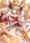  1girl absurdres ahoge anila_(granblue_fantasy) blonde_hair breasts cleavage commentary_request draph eyebrows eyebrows_visible_through_hair fur_trim gloves granblue_fantasy highres horns large_breasts long_hair mi_bait open_mouth sheep_horns short_eyebrows solo thick_eyebrows thigh-highs torn_clothes very_long_hair white_gloves white_legwear yellow_eyes 