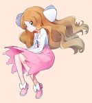  1girl cattleya_(pokemon) dress full_body green_eyes hair_ribbon kurochiroko light_brown_hair long_hair long_sleeves pink_dress pink_footwear pokemon pokemon_(game) pokemon_dppt pokemon_platinum ribbon sepia_background shirt shoe_ribbon shoes solo white_ribbon white_shirt 