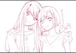  2girls alternate_costume bangs bob_cut closed_mouth darling_in_the_franxx hair_ornament hairband_removed hairclip head_tilt horns ichigo_(darling_in_the_franxx) leaning_on_person long_hair looking_at_viewer monochrome multiple_girls npn oni_horns short_hair sketch smile straight_hair very_long_hair zero_two_(darling_in_the_franxx) 