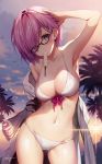 1girl arm_up armpits bikini blush breasts cleavage clouds collarbone fate/grand_order fate_(series) food food_in_mouth glasses hair_over_one_eye highres jacket looking_at_viewer mash_kyrielight medium_breasts navel necomi open_clothes open_jacket palm_tree popsicle purple_hair short_hair signature sky solo sun swimsuit tree twilight violet_eyes white_bikini 