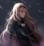  1girl an-94_(girls_frontline) backlighting bangs blonde_hair blue_eyes closed_mouth girls_frontline hairband jacket long_hair looking_to_the_side silence_girl snowing solo upper_body wind 