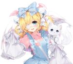  angel_wings bangs bell blonde_hair blue_eyes bow cat commission cutesu_(cutesuu) double_bun dress eyepatch frilled_dress frills long_sleeves looking_at_viewer maid original runastark smile upper_body wings 