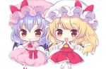  2girls :d blonde_hair bow chibi dress flandre_scarlet hat kagome_f looking_at_viewer multiple_girls open_mouth pink_dress pink_hat red_bow red_dress red_eyes remilia_scarlet short_hair short_sleeves silver_hair simple_background smile touhou white_background white_hat yellow_neckwear 