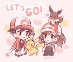  1boy 1girl animal animal_on_head artist_name baseball_cap black_eyes black_hair brown_hair cropped_torso eevee english female_protagonist_(pokemon_lgpe) gen_1_pokemon hat heart long_hair looking_at_another male_protagonist_(pokemon_lgpe) on_head pikachu pink_background pokemon pokemon_(creature) pokemon_(game) pokemon_lgpe pokemon_on_head short_sleeves simple_background smile star 