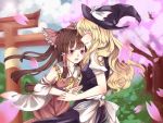 2girls ^_^ bare_shoulders bow brown_hair cherry_blossoms closed_eyes crying crying_with_eyes_open detached_sleeves error grin hair_bow hair_tubes hakurei_reimu hat height_difference imminent_hug kirisame_marisa kiyuumax large_bow long_hair multiple_girls puffy_short_sleeves puffy_sleeves red_eyes sarashi short_sleeves skirt skirt_set smile straight_hair tears torii touhou wavy_hair witch_hat yuri 