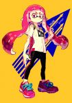 1girl bangs determined directional_arrow english frown inkling leggings long_hair looking_at_viewer pigeon666 pink_eyes pink_hair shirt shoes simple_background sneakers solo splatoon t-shirt 