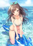 1girl :d absurdres bare_legs barefoot bikini blurry breasts brown_eyes brown_hair cleavage collarbone day depth_of_field eyebrows_visible_through_hair floral_print halterneck highres idolmaster idolmaster_shiny_colors inflatable_dolphin inflatable_toy joey_koguma large_breasts lens_flare long_hair looking_at_viewer navel open_mouth outdoors ponytail print_bikini side-tie_bikini sidelocks skindentation smile soaking_feet solo sunlight swimsuit tsukioka_kogane wet 