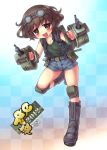  1girl 7tp :d akiyama_yukari backpack bag bangs belt black_belt black_footwear black_jacket black_shirt blue_shorts boots brown_eyes brown_hair checkered checkered_background circle_name commentary_request cosplay dual_wielding eyebrows_visible_through_hair full_body girls_und_panzer goggles goggles_on_head gradient gradient_background jacket kacchu_musume knee_pads leg_up looking_at_viewer mecha_musume messy_hair multicolored multicolored_background open_mouth sankuma shirt short_hair short_shorts shorts sleeveless_jacket smile solo standing standing_on_one_leg utility_belt watermark web_address 