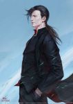  1boy black_coat black_hair cowboy_shot from_side fullmetal_alchemist hands_in_pockets in-hyuk_lee ling_yao male_focus medium_hair ponytail signature solo watermark web_address 