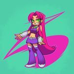  1girl boots breasts darkcross dc_comics green_eyes grin long_hair midriff miniskirt navel panty_&amp;_stocking_with_garterbelt parody pointy_ears redhead skirt smile solo starfire style_parody teen_titans teen_titans_go! thigh-highs thigh_boots very_long_hair 