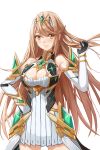  1girl armor bare_shoulders blonde_hair blush breasts cleavage dress elbow_gloves gloves headgear highres mythra_(xenoblade) large_breasts long_hair looking_at_viewer redpoke simple_background solo very_long_hair white_background xenoblade_(series) xenoblade_2 yellow_eyes 