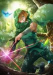  1boy arrow bird blurry bow_(weapon) commentary_request crossbow depth_of_field fate/extra fate/grand_order fate_(series) green_eyes hair_over_one_eye highres holding holding_weapon hood kaboplus_ko leaf male_focus orange_hair pixiv_fate/grand_order_contest_2 robin_hood_(fate) solo tree weapon 