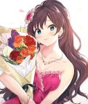  1girl bangs bare_arms blue_eyes blurry bouquet bracelet breasts brown_hair cleavage depth_of_field dress earrings eyebrows_visible_through_hair flower frilled_dress frills hair_flower hair_ornament heart heart_print highres holding holding_bouquet ichinose_shiki idolmaster idolmaster_cinderella_girls jewelry leaning_to_the_side long_hair looking_at_viewer medium_breasts necklace orange_flower orange_rose parted_lips polka_dot polka_dot_dress red_dress red_flower red_rose rose simple_background solo strapless strapless_dress tomato_omurice_melon upper_body very_long_hair white_background 