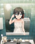  1girl :o arm_up bangs bare_arms bare_shoulders black_hair blue_eyes blush bow collarbone commentary_request door dress eyebrows_visible_through_hair faucet female_pov fingernails hair_between_eyes hair_bow highres indoors looking_at_viewer mirror original parted_lips pov red_bow reflection sakanaoishiiumauma sink sleeveless sleeveless_dress soap solo strap_slip tile_wall tiles toothbrush towel white_dress 