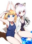  2girls animal_ears armpits bangs black_swimsuit blue_eyes blue_swimsuit blush breasts cat_ears cleavage collar competition_swimsuit drinking drinking_straw eyebrows_visible_through_hair fox_ears from_above hair_ornament hairclip jacket jacket_over_swimsuit kemomimi_oukoku_kokuei_housou large_breasts looking_up mikoko_(kemomimi_oukoku_kokuei_housou) monster_energy multiple_girls nora_cat nora_cat_channel one-piece_swimsuit ponytail poolside red_eyes robot_ears school_swimsuit shichisei_nanakusa sideboob silver_hair swimsuit thighs virtual_youtuber water white_jacket 