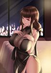 1girl ahoge alternate_costume armlet bangs bare_shoulders bed black_dress blunt_bangs blush breasts brown_hair casual choker city_lights cityscape cleavage cloel closed_mouth copyright_name dress dress_tug dsr-50_(girls_frontline) eyebrows_visible_through_hair eyes_visible_through_hair frown girls_frontline hair_ornament hair_over_shoulder hands_on_own_breasts head_tilt highres indoors jewelry large_breasts long_hair looking_at_viewer necklace night no_bra pendant red_eyes ring ruby_(stone) sideboob sidelocks sky sleeveless sleeveless_dress smile solo star_(sky) starry_sky sweat thighs very_long_hair window 