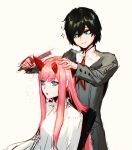  1boy 1girl asymmetrical_horns bangs barber_chair black_hair blossomppg blue_eyes couple darling_in_the_franxx eyebrows_visible_through_hair fringe green_eyes hand_on_another&#039;s_head hetero highres hiro_(darling_in_the_franxx) holding horns long_hair long_sleeves military military_uniform necktie oni_horns pink_hair red_horns red_neckwear short_hair uniform zero_two_(darling_in_the_franxx) 