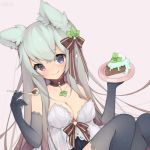  animal_ears animated animated_gif aqua_hair blue_eyes bow breasts cake choker cleavage dress food gloves gradient_hair grey_hair heterochromia lowres multicolored_hair one_eye_closed original runastark smile violet_eyes 