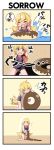  1girl 4koma :d bakemonogatari beach biting blonde_hair blush_stickers closed_eyes comic doughnut flying_sweatdrops food gesugesu_ahoaho kneeling lifebuoy long_hair looking_at_viewer monogatari_(series) motion_lines one-piece_swimsuit open_mouth oshino_shinobu pointy_ears smile solo swimsuit translation_request water yellow_eyes 