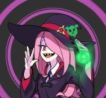  1girl darkcross flask hair_over_one_eye hat little_witch_academia looking_at_viewer luna_nova_school_uniform open_mouth pale_skin pink_hair potion red_eyes sharp_teeth smile solo sucy_manbavaran teeth witch witch_hat 