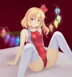  1girl blonde_hair blush breasts collarbone commentary_request competition_swimsuit crystal fang fang_out flandre_scarlet hair_ribbon isaki_(gomi) leaning_back looking_at_viewer medium_hair on_bed one-piece_swimsuit pointy_ears red_eyes red_swimsuit ribbon side_ponytail sitting small_breasts smile solo spread_legs swimsuit thigh-highs touhou white_legwear wings 