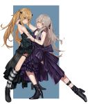 2girls :3 alternate_costume alternate_hairstyle bangs bare_shoulders black_footwear blush boots breasts brown_eyes brown_hair collarbone dancing dress eyebrows_visible_through_hair full_body girls_frontline grey_hair hair_between_eyes hair_ornament hairclip head_tilt high_heel_boots high_heels jewelry kneehighs leg_strap long_hair looking_at_another medium_breasts multiple_girls open_mouth outside_border parted_lips purple_dress ring scar scar_across_eye scarf shirt sidelocks sisters skindentation skirt sleeveless sleeveless_shirt small_breasts smile standing striped striped_legwear striped_skirt thighs tsuaaa twins ump45_(girls_frontline) ump9_(girls_frontline) very_long_hair wedding_band wrist_straps yellow_eyes 