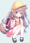  1girl :o animal_ears azur_lane backpack bag bag_charm bangs black_footwear blue_eyes brown_hair candy_hair_ornament candy_wrapper charm_(object) commentary_request crescent crescent_hair_ornament dog_ears dog_girl dog_tail eyebrows_visible_through_hair finger_to_mouth food_themed_hair_ornament fumizuki_(azur_lane) grey_background hair_between_eyes hair_ornament hairclip hat kindergarten_uniform long_hair looking_at_viewer mary_janes neckerchief pantyhose parted_lips pink_shirt pink_skirt pleated_skirt randoseru school_hat shirt shoes simple_background sitting skirt solo tail usashiro_mani very_long_hair white_legwear yellow_hat yellow_neckwear 