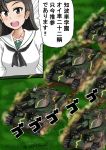  1girl banoten_(ibukisuika-1080) black_eyes black_hair girls_und_panzer grass ground_vehicle highres long_hair military military_vehicle motor_vehicle nishi_kinuyo o-i_superheavy_tank_series ooarai_school_uniform tank translation_request 