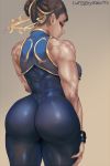  1girl alternate_costume artist_name ass bare_shoulders breasts brown_background brown_hair chun-li cutesexyrobutts double_bun from_behind gradient gradient_background hair_ribbon highres huge_ass large_breasts looking_at_viewer looking_back muscle muscular_female ribbon short_hair skin_tight sleeveless solo street_fighter street_fighter_zero_(series) studded_bracelet thick_thighs thighs toned vest wide_hips 