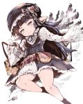  1girl bangs belt_buckle beret black_bow black_dress black_hat black_legwear book bow brown_belt buckle closed_mouth commentary_request dress eyepatch eyepatch_removed granblue_fantasy harvin hat hat_bow head_tilt highres holding holding_eyepatch long_hair long_sleeves looking_at_viewer lunalu_(granblue_fantasy) pointy_ears purple_hair shirt sleeveless sleeveless_dress sleeves_past_fingers sleeves_past_wrists socks solo striped striped_bow venomrobo very_long_hair violet_eyes wavy_mouth white_background white_shirt wide_sleeves 