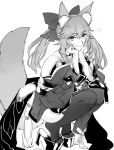  1girl animal_ears bangs bare_shoulders breasts cleavage commentary detached_sleeves eyebrows_visible_through_hair fate/grand_order fate_(series) fox_ears fox_tail greyscale hands_on_own_cheeks hands_on_own_chin hands_on_own_face heart japanese_clothes large_breasts long_hair looking_at_viewer monochrome nanigashi_(xla009) pantyhose platform_footwear seiza sitting smile squatting tail tamamo_(fate)_(all) tamamo_no_mae_(fate) wide_sleeves 