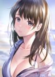  1girl bangs black_bra black_hair blue_eyes blurry blurry_background blush bokeh bra breasts character_request cleavage collarbone commentary_request copyright_request crying depth_of_field frown highres large_breasts long_hair looking_at_viewer off_shoulder pout shirt sketch solo takeashiro tears underwear upper_body 