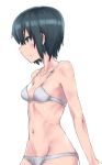  1girl bangs bra breasts commentary_request eyebrows_visible_through_hair green_eyes green_hair grey_bra grey_panties kino kino_no_tabi monolith_(suibou_souko) navel panties short_hair simple_background small_breasts solo underwear underwear_only white_background 