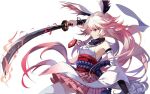  1girl animal_ears bad_link bangs bare_shoulders benghuai_xueyuan breasts closed_mouth fox_ears holding holding_sword holding_weapon honkai_(series) honkai_impact_3rd japanese_clothes jewelry katana long_hair miko necklace official_art pink_hair pink_skirt sideboob simple_background skirt solo sword thigh-highs violet_eyes weapon white_background white_legwear white_sleeves yae_sakura yae_sakura_(gyakushinn_miko) 