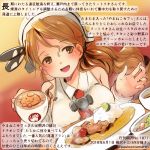  1girl :d bare_shoulders breasts brown_eyes colored_pencil_(medium) commentary_request cup curry curry_rice dated detached_sleeves food holding holding_cup kantai_collection kirisawa_juuzou large_breasts latte_art light_brown_hair littorio_(kantai_collection) long_hair numbered open_mouth rice shirt smile solo traditional_media translation_request twitter_username white_shirt 