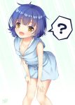  1girl :d ? bare_arms blue_hair commentary_request eyebrows_visible_through_hair fang gochuumon_wa_usagi_desu_ka? jouga_maya leaning_forward looking_at_viewer open_mouth short_hair simple_background sleeveless smile solo spoken_question_mark white_background win_opz yellow_eyes 